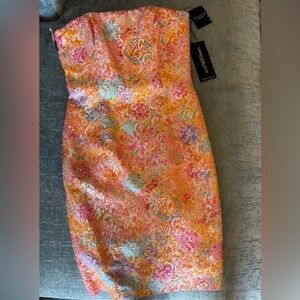 Carmen Marc Valvo Strapless Dress in Pink and Orange Floral